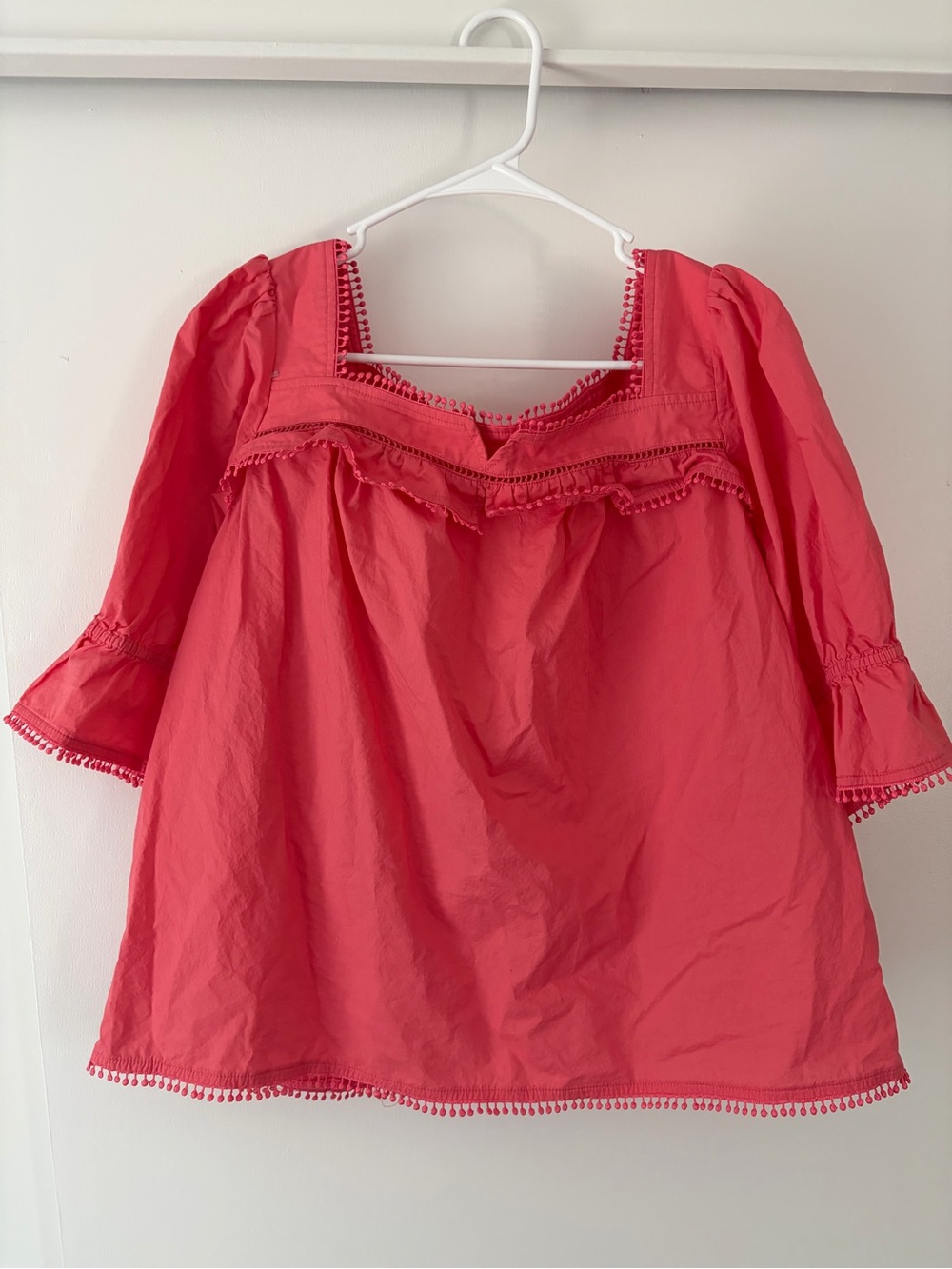 Anthropologie Coral Square-Neck Pom-Pom Trim Top
